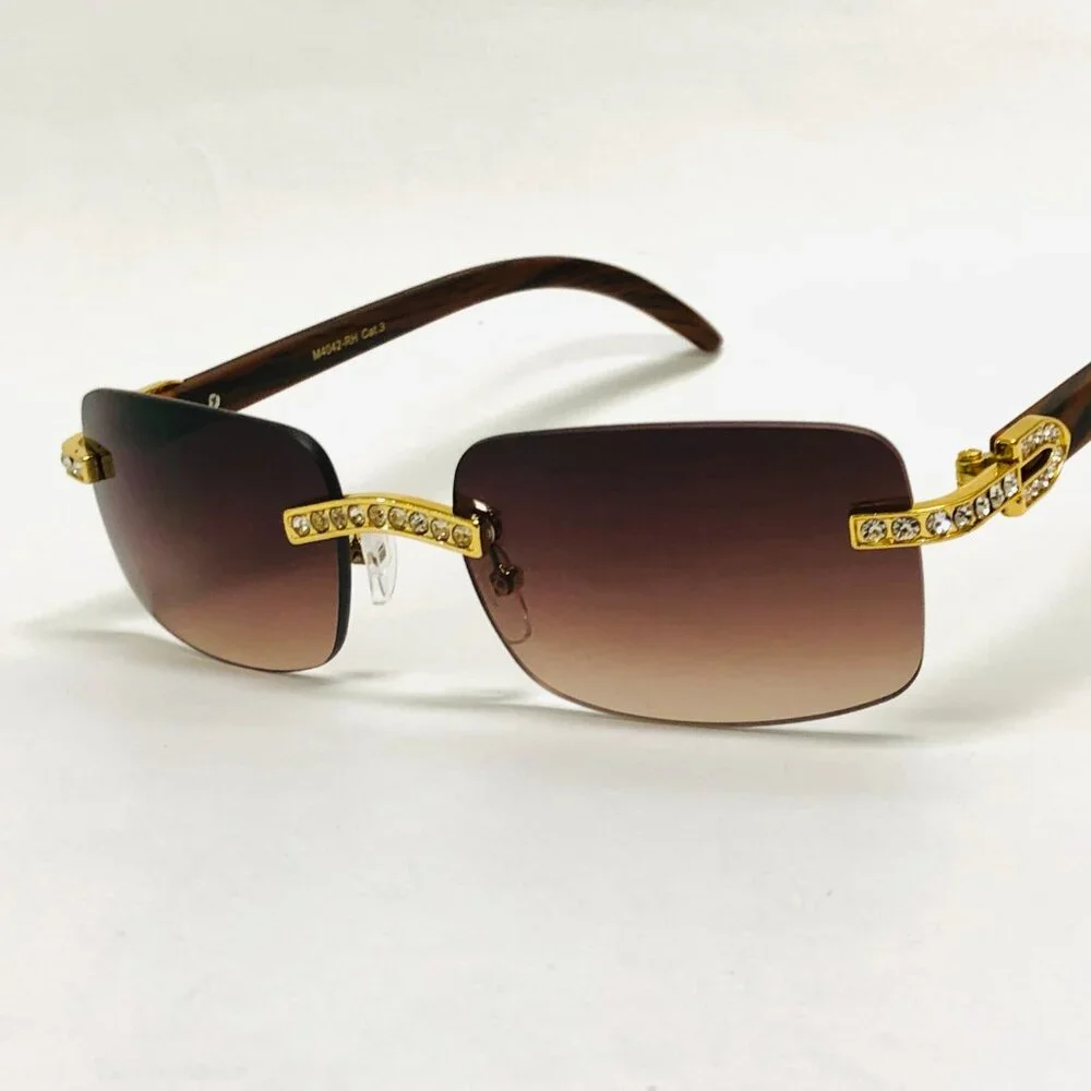 Men Sunglasses Square Brown‎ Lens Fashion Diamond Bling Hip Hop Style Rimless